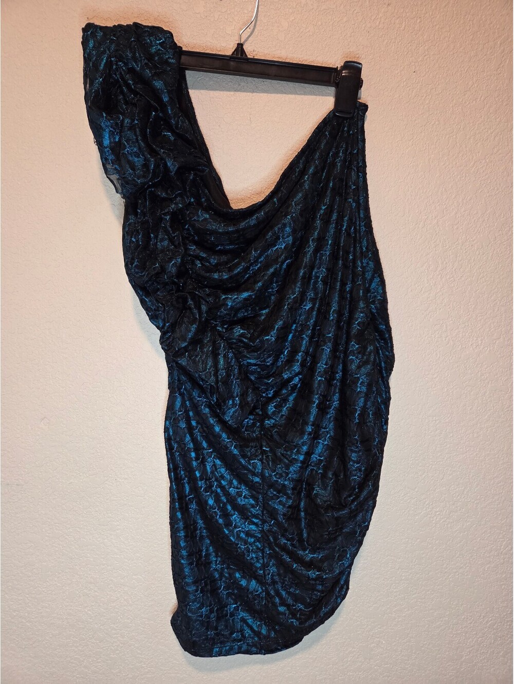 Trac Black and Blue Textured One-Shoulder Dress, 2X